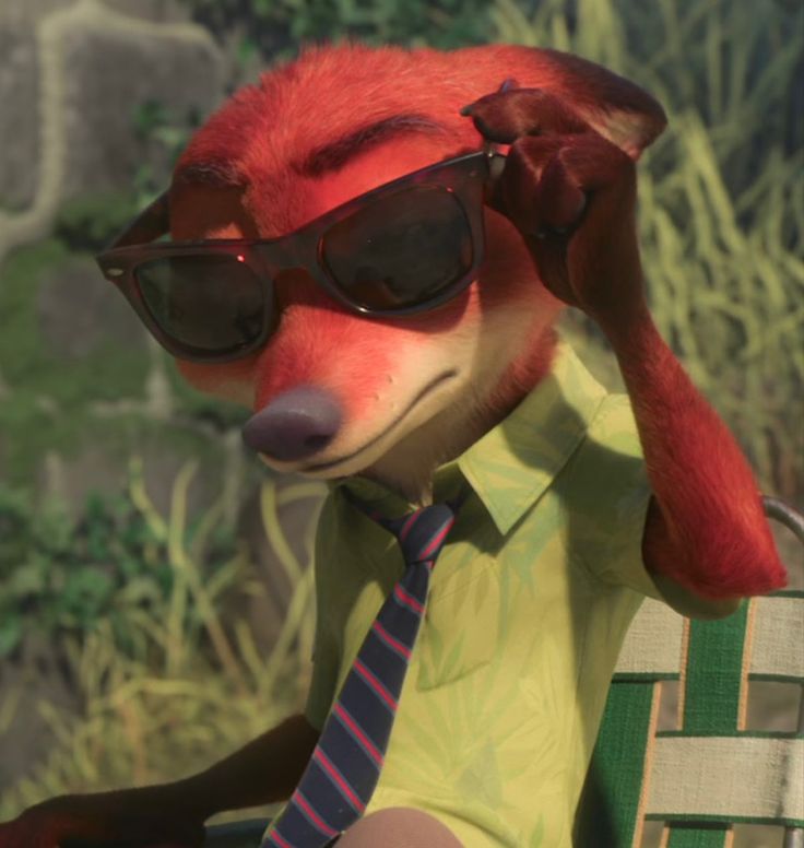 a fox wearing sunglasses and a tie sitting in a chair with his hands on his head