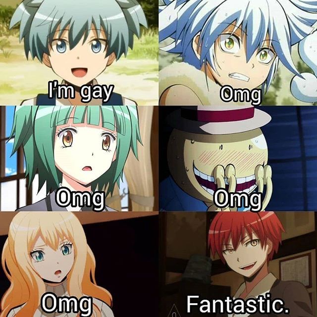 four different anime characters with captions in the middle one says, i'm gay omg ong fantastic