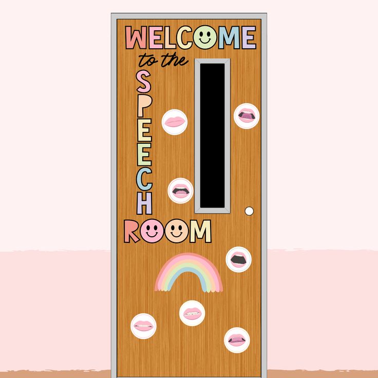 a wooden door with stickers on it that says welcome to the bathroom and rainbow