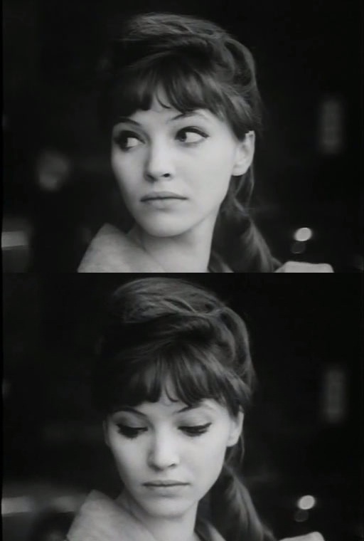 black and white photo of woman with long hair looking at the camera, then making faces