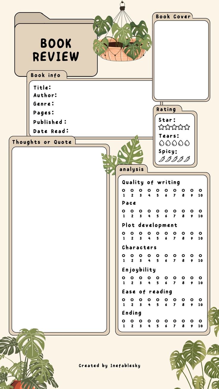 the book review is shown with plants and flowers on it's side, along with an open - ended text box for each section