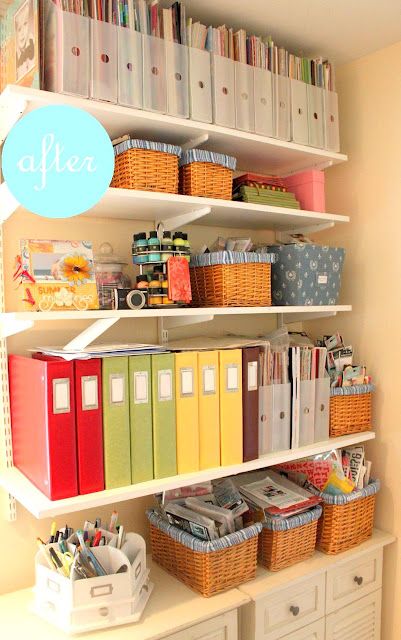 the shelves are filled with books, magazines and other crafting supplies in baskets on them