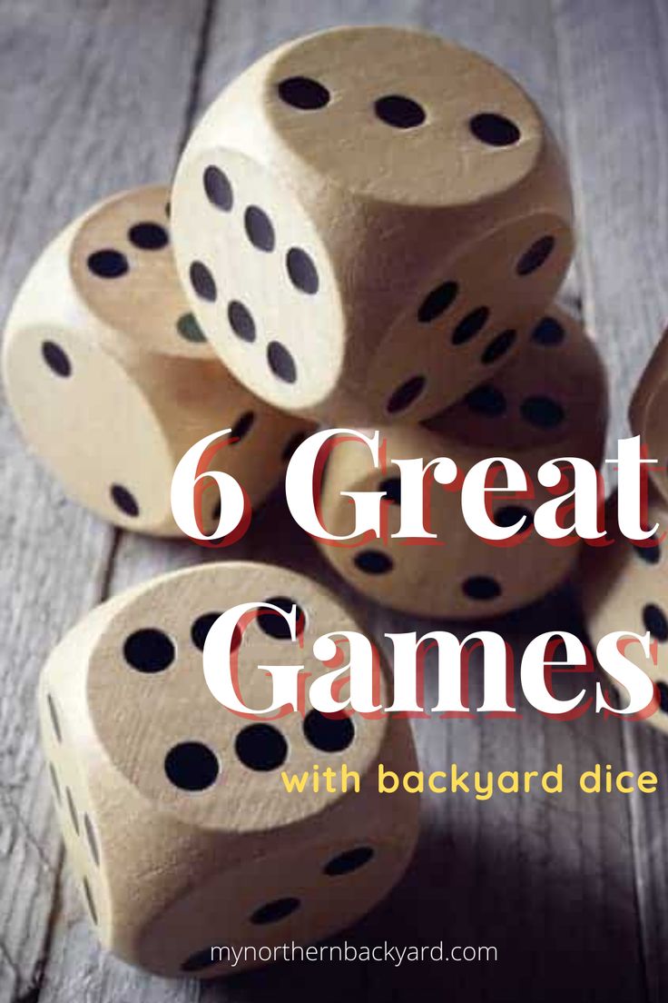 six wooden dices stacked on top of each other with the words 6 great games with backyard dice