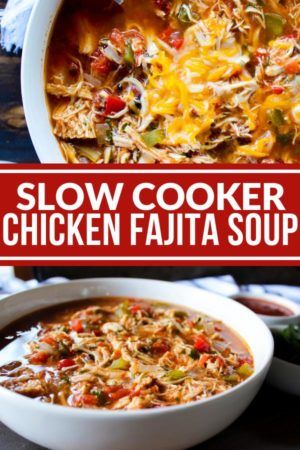 slow cooker chicken fajita soup in a white bowl with text overlay