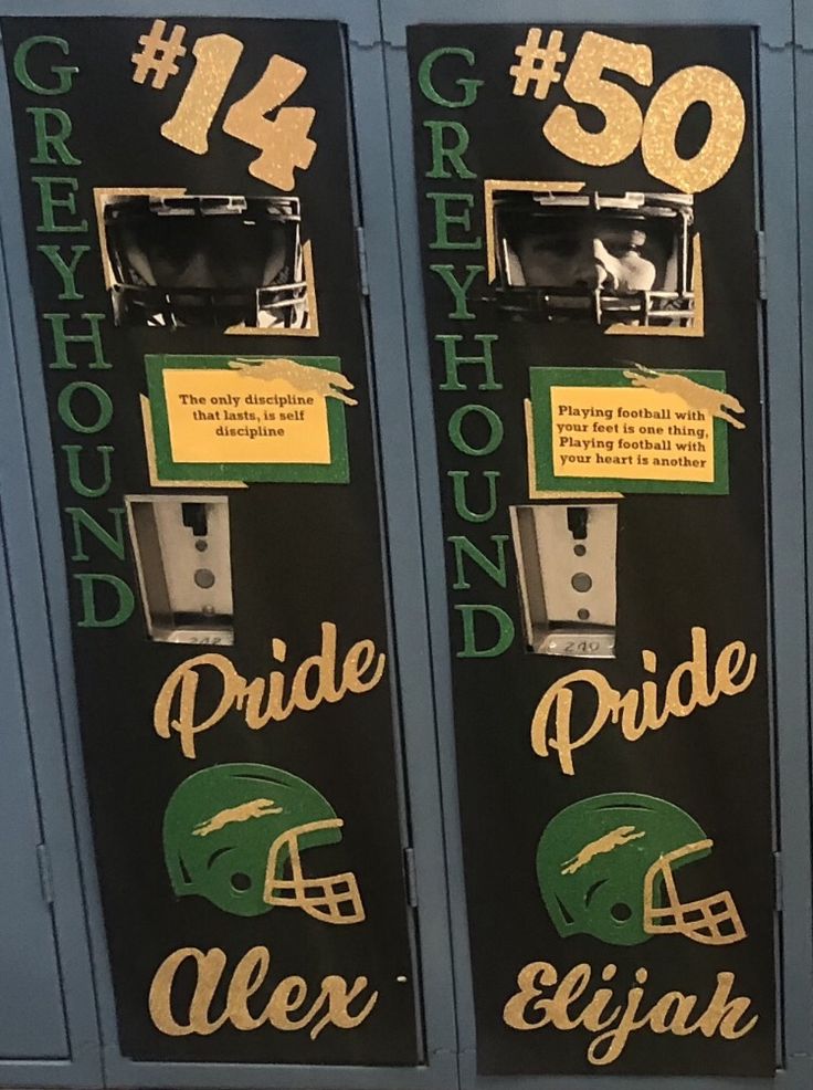 two lockers with green and gold football helmets on the front, one for each team