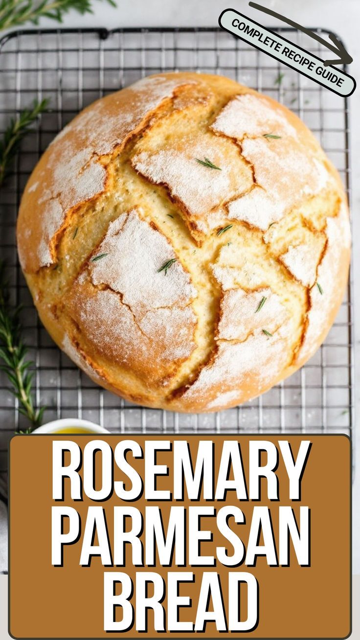 rosemary parmesan bread on a cooling rack with the words rosemary parmesan bread