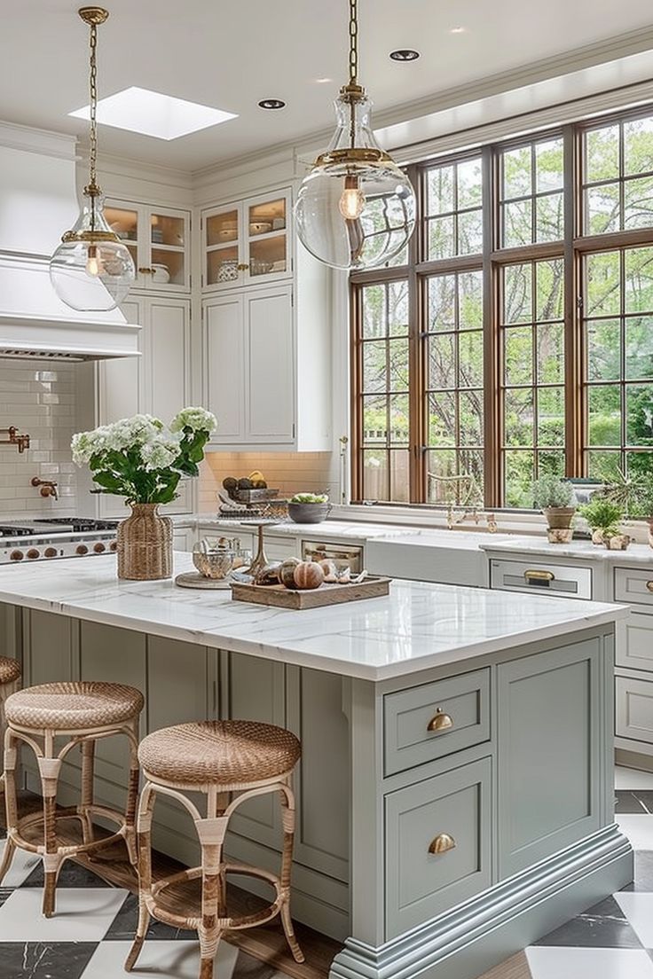 a large kitchen with an island in the middle and three stools at the end