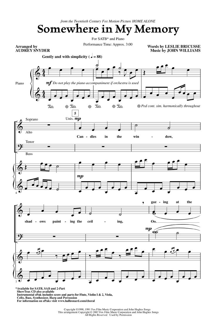 somewhere in my memory sheet music