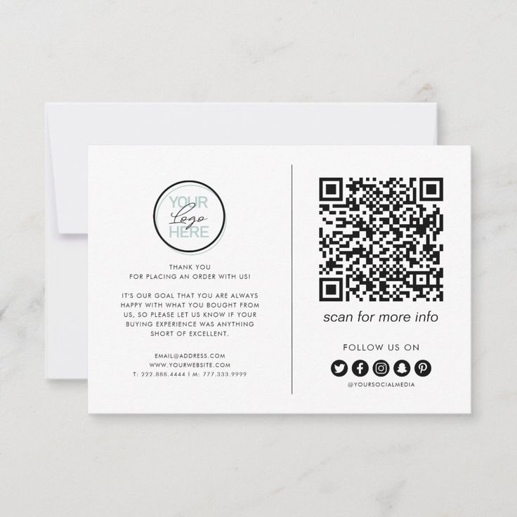 a white business card with a qr code on the front and back, printed in black ink