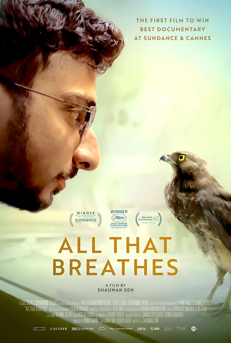 the movie poster for all that breathes with a man looking at a bird on his shoulder