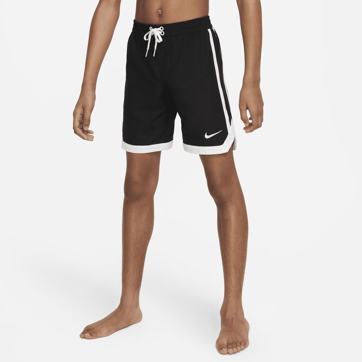 When basketball style meets swim technology—and they get along great. These swim shorts feature a mesh lining and a stretchy waistband with lace-up tabs for a comfortable fit in or out of the water. The pockets use mesh for quick water drainage, making these perfect for any water activity. Nike Nylon Moisture-wicking Swimwear, Casual Nike Bottoms For Poolside, Nike Beachwear Shorts For Swimming, Black Nylon Swimwear With Drawstring, Nike Short Swimwear For Sports, Nike Sporty Swim Trunks For Swimming, Nike Moisture-wicking Shorts For Swimming, Nike Sports Swimwear Shorts, Nike Sports Swim Shorts