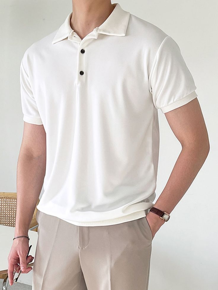 White Casual Collar Short Sleeve Polyester Plain  Embellished Slight Stretch  Men Tops Off White Polo Shirt Outfit Men, Men White Polo Outfit, White T Shirt Men Outfits, White Polo Shirt Outfit Men Casual, White Top Outfit Men, White Polo Outfit Men, Polo Tshirt Men Outfit, White Polo Shirt Outfit Men, White Polo Outfit