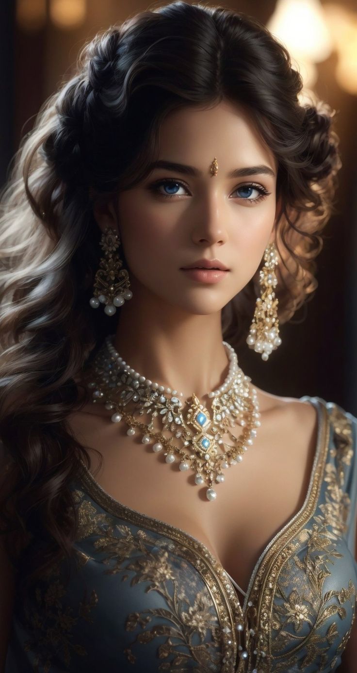 a woman in a blue dress with gold jewelry on her neck and headpieces