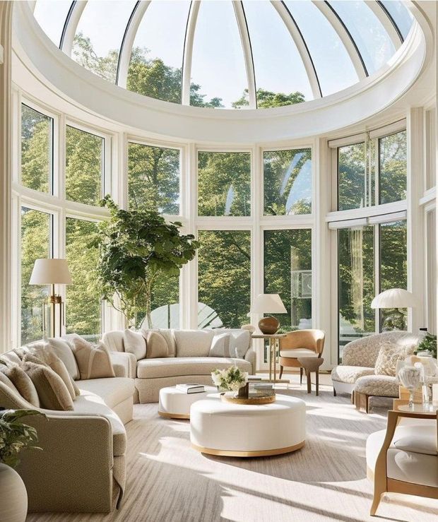 a living room filled with lots of furniture under a large window covered in glass walls