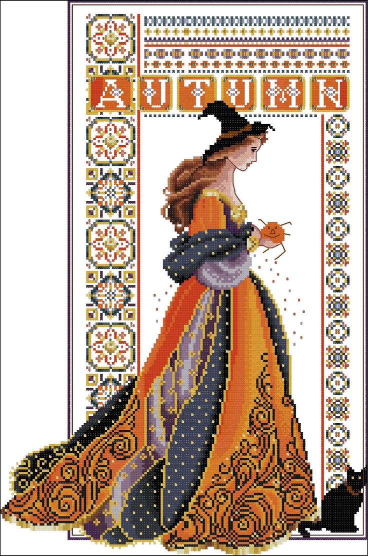 a cross stitch pattern with an image of a woman in a long dress and hat