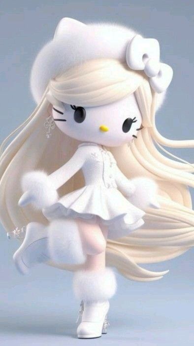 a white hello kitty doll with long blonde hair and big eyes wearing a white dress