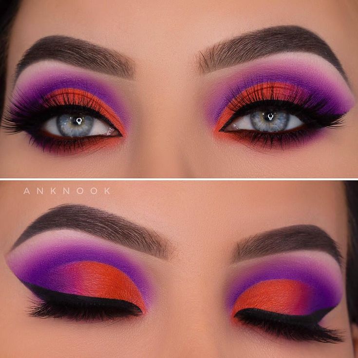 An Knook Makeup, October Eyeshadow Looks, Red And Purple Makeup, October Makeup Looks, Orange Smokey Eye, Orange And Purple Makeup, Orange Purple Makeup, Purple Orange Makeup Look, Orange And Purple Eyeshadow