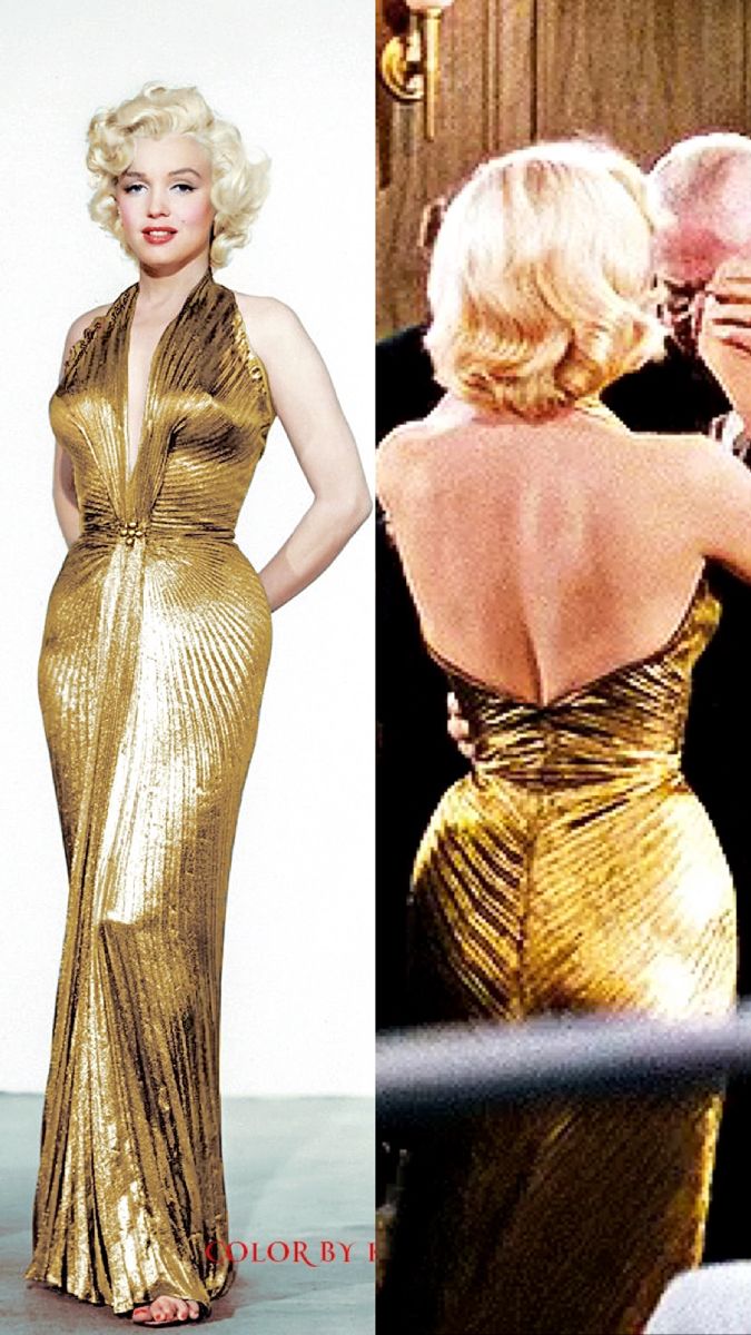 two pictures of marilyn monroe in gold dresses, one with her back turned to the camera