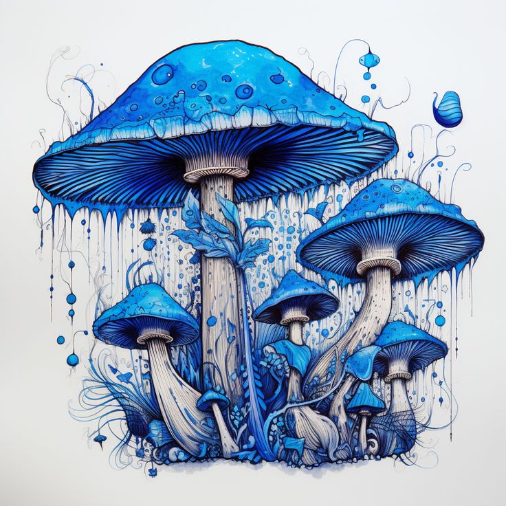 a drawing of blue mushrooms with drops of water on them