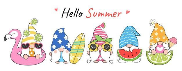 hello summer greeting card with cute cartoon characters