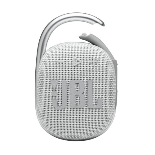 the jbl go portable speaker is shown in white with an adjustable headphone holder