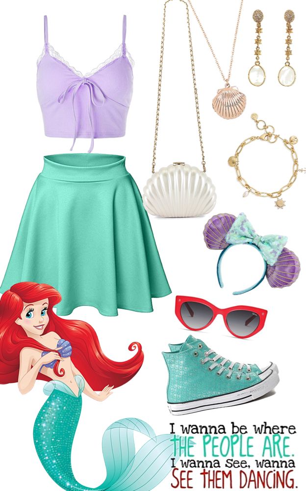 Disney Outfits Ariel, Ariel Themed Outfits, Ariel Outfit Ideas Casual, Cute Disney Princess Outfits, Ariel Outfit Ideas Disneybound, Bell Inspired Outfit Disney, Disney Halloween Outfits Disneybound, Disney Princess Themed Outfits, Disney Princess Casual Outfits