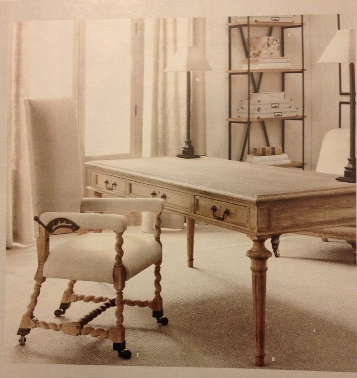 an old desk and chair in a room with white carpeted flooring, two lamps on either side of the table