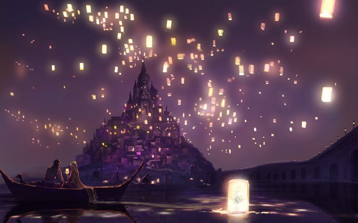 two people in a boat floating on the water at night with lanterns flying above them