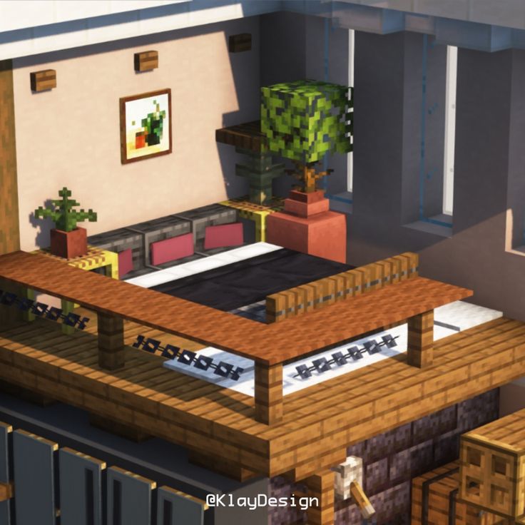 an animated view of a living room and dining area in a minecraft style house