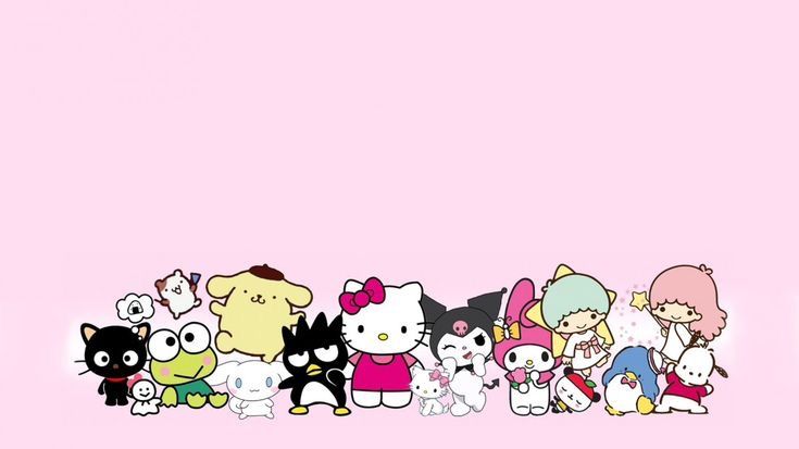 a group of hello kitty cartoon characters lined up against a pink background with the word hello kitty on it