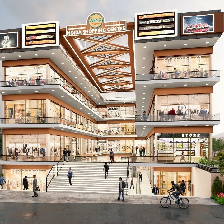 an artist's rendering of a shopping center with people walking around the storefront