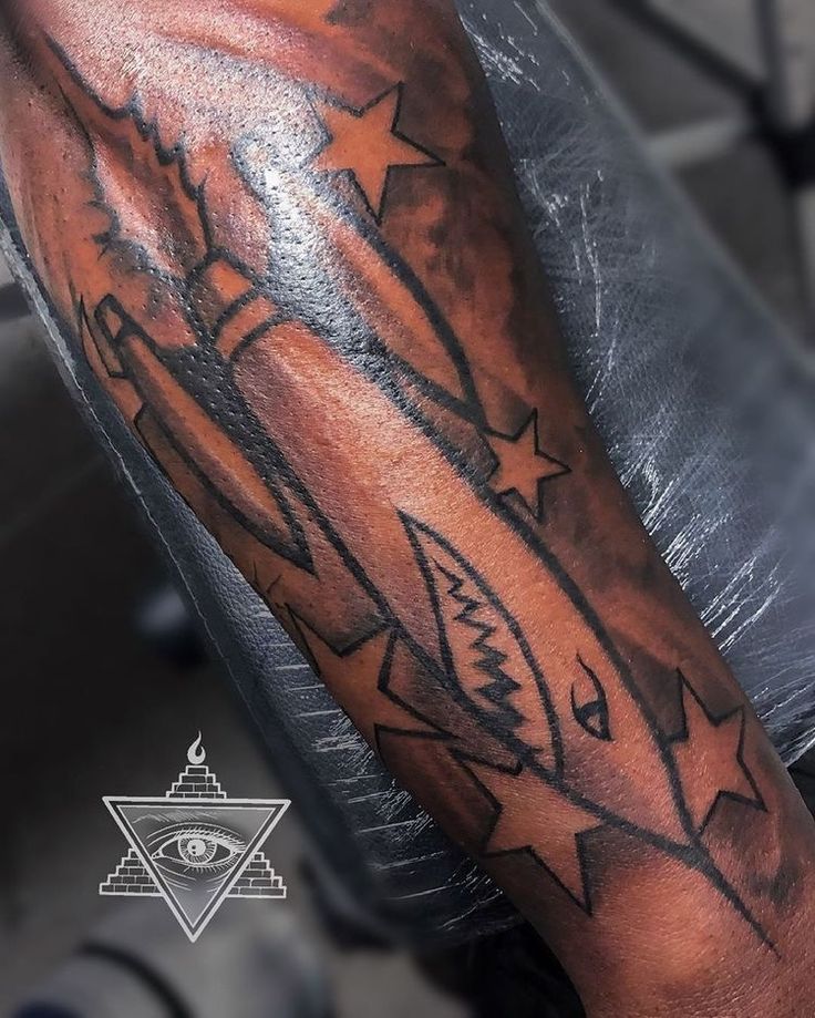 a man's arm with tattoos on it