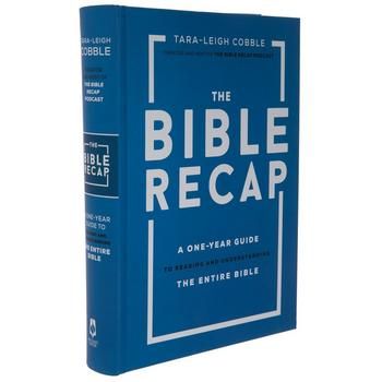 the bible recap book with blue cover and white lettering, on a white background