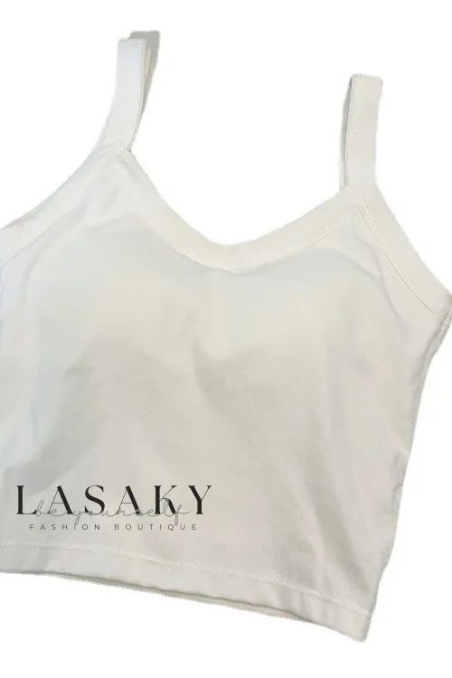 Lasaky - Cotton Spaghetti Strap Top with Bust Support, Seamless Slimming Fit - Perfect for Layering and Versatile Use as an Undergarment White Tops With Built-in Bra And Wide Straps, Seamless V-neck Summer Tops, White Seamless Tank Camisole, Seamless Crop Top With Wide Straps For Summer, Seamless Spaghetti Strap Summer Tops, Summer Cami Top With Seamless Design, Summer Crop Top With Seamless Construction And Wide Straps, White Seamless Cami Crop Top, White Seamless Camisole Tank Top