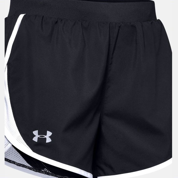 New In Bag Under Armour Fly-By 2.0 Shorts In Black And White With Reflective Logo White Moisture-wicking Bottoms For Errands, Functional White Bottoms For Running Errands, Sporty Black Bottoms For Running Errands, White Athleisure Bottoms For Running Errands, Black Casual Shorts For Running Errands, Casual Black Shorts For Running Errands, Under Armour Black Running Bottoms, Black Under Armour Running Bottoms, Black Breathable Bottoms For Running Errands