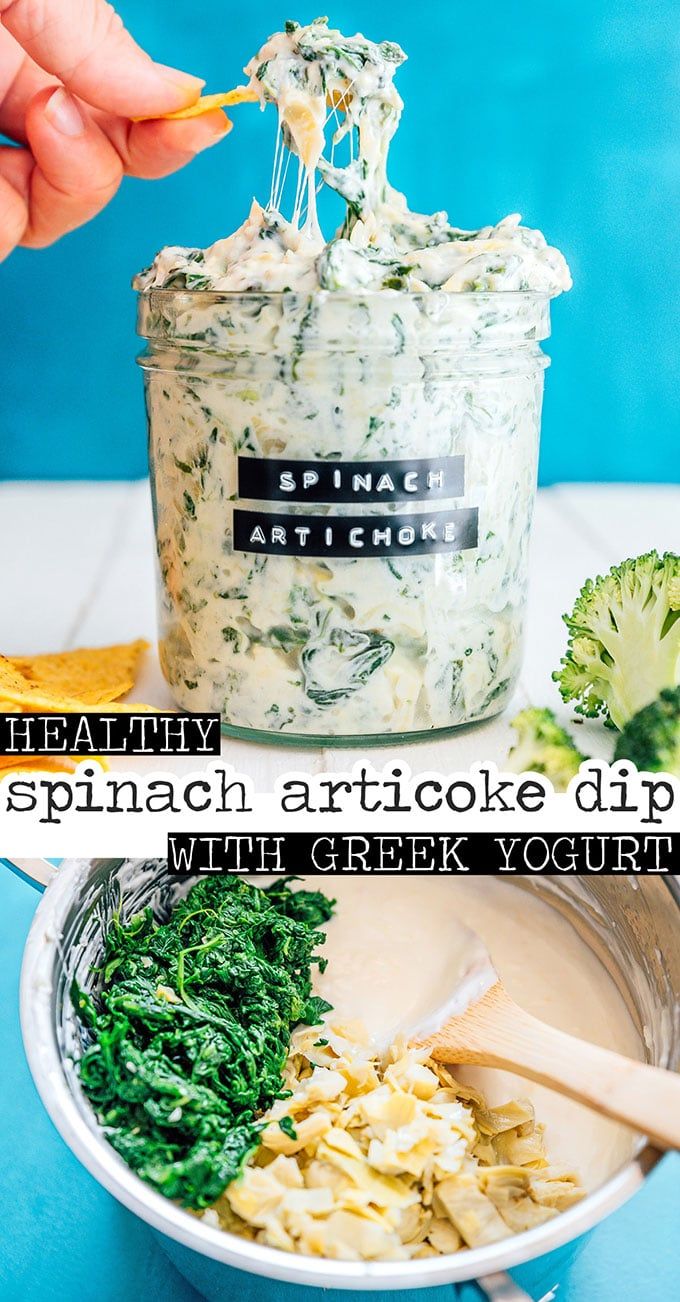 spinach artichoke dip with greek yogurt in a jar and broccoli