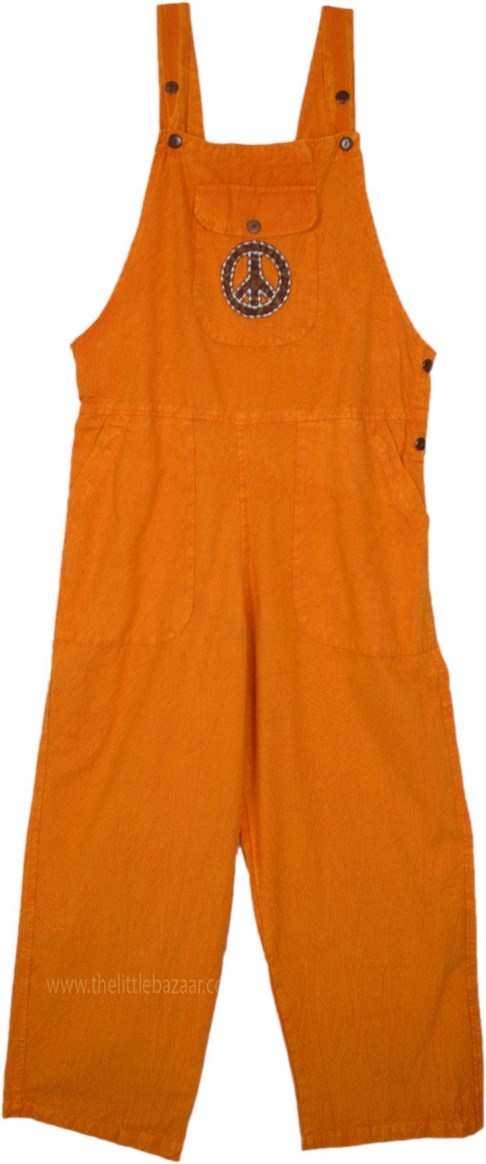 Orange Peace Hippie Cotton Overalls Jumpsuit | Dresses | Orange | Sleeveless, Bohemian, Handmade Sleeveless Cotton Shortalls, Casual Style, Casual Cotton Sleeveless Shortalls, Casual Sleeveless Shortalls With Pockets, Cotton Overalls With Bib Front, Solid Cotton Overalls With Bib Front, Cotton Bib Front Overalls In Solid Color, Cotton Shortalls With Adjustable Straps And Relaxed Fit, Solid Cotton Bib Front Overalls, Cotton Relaxed Fit Shortalls With Adjustable Straps