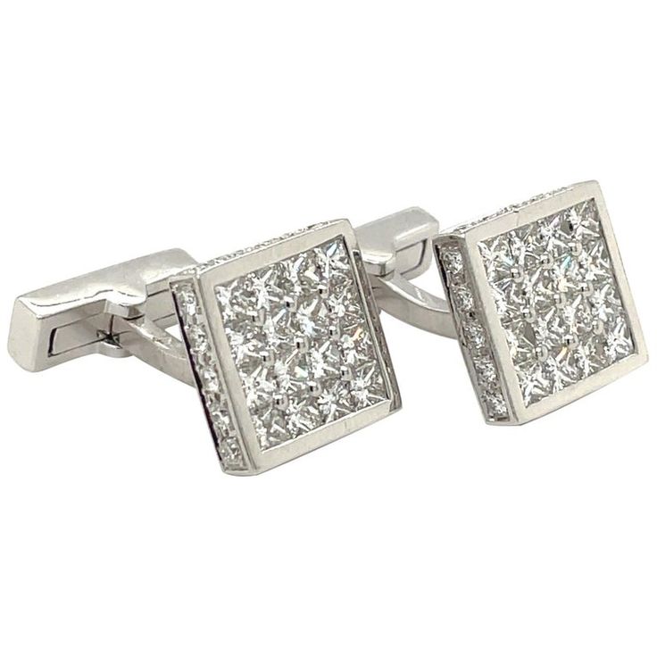 18kt White Gold 5.65ct. Diamond Square Cuff Links | From a unique collection of vintage Cufflinks at https://www.1stdibs.com/jewelry/cufflinks/cufflinks/. Luxury Diamond Cufflinks, Elegant White Gold Cufflinks For Anniversary, Luxury Diamond Cufflinks With Polished Finish, Luxury Diamond Cufflinks For Anniversary, Luxury White Gold Cufflinks For Wedding, Designer Diamond White Jewelry For Formal Occasions, Luxury Silver Diamond Cufflinks, Classic White Gold Diamond Cufflinks, White Gold Diamond Cufflinks With Polished Finish