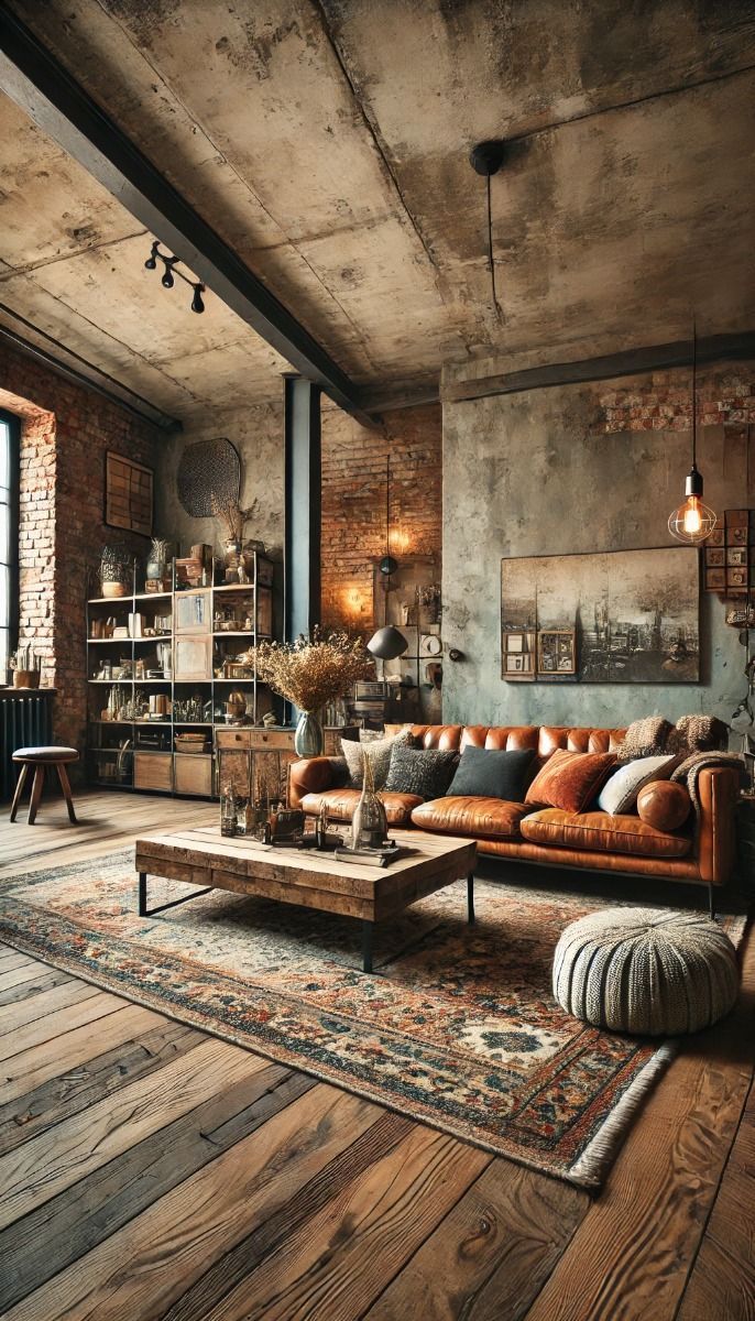 a living room filled with lots of furniture and decor on top of a wooden floor