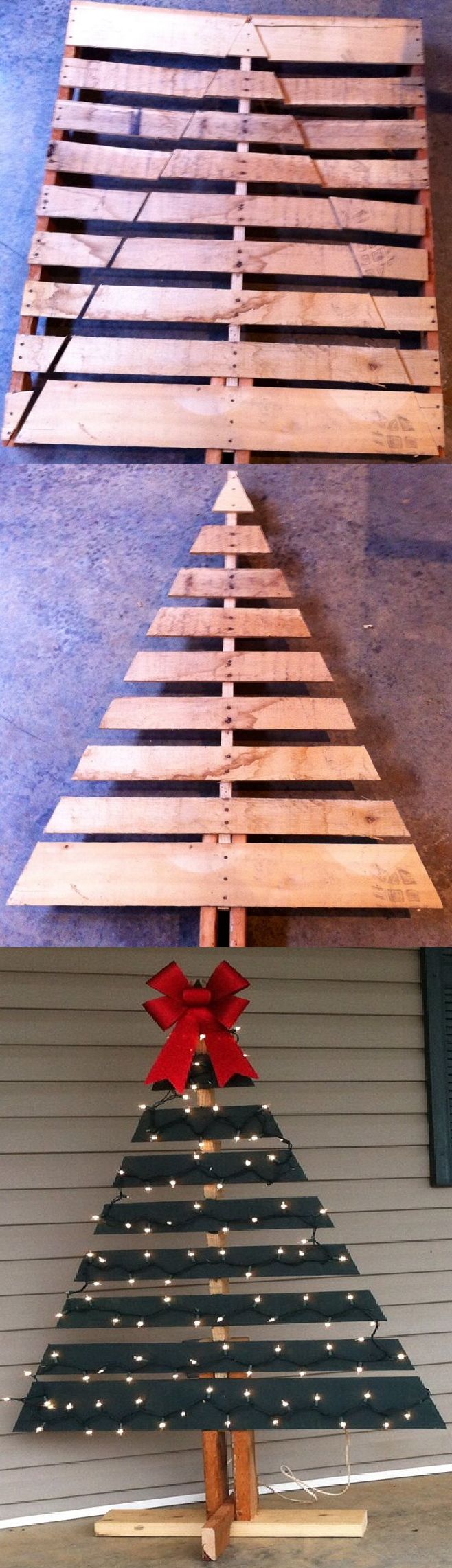 a christmas tree made out of pallets and wooden slats with lights on it