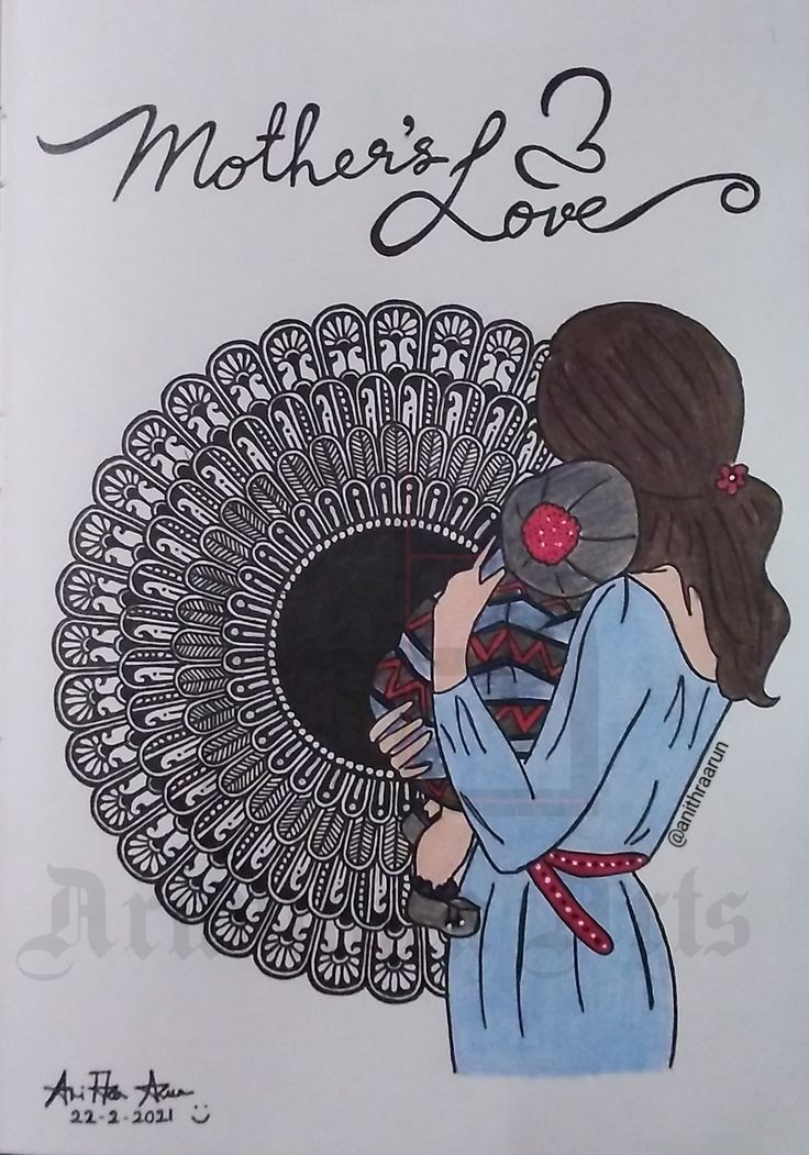 a drawing of a woman holding a fan with the words mother's love on it