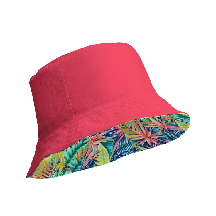 Inspired by the vibrant beauty of Hawaiian tropical foliage, our Hawaiian Tropical Leaves Bucket Hat brings the essence of the islands right to your wardrobe. Crafted with care and attention to detail, this hat captures the spirit of aloha and invites you to embrace the laid-back tropical vibe. This reversible bucket hat can be worn on both sides, making it easy to match with different outfits. Made of breathable premium fabric, this hat will become your go-to streetwear accessory. • Made to ord Reversible Beach Sun Hat Cap, Reversible Cap Sun Hat For Beach, Reversible Short Brim Bucket Hat For Vacation, Reversible Bucket Hat For Vacation, Multicolor Reversible Summer Sun Hat, Reversible Short Brim Sun Hat For Beach, Reversible Short Brim Beach Hat, Reversible Hats For Vacation, Reversible Pink Bucket Hat For Beach