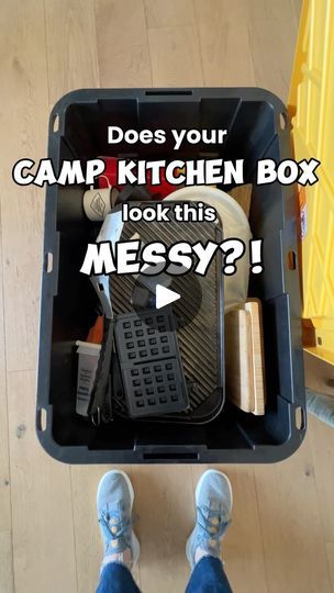 a person standing in front of a camp kitchen box with the words does your camp kitchen box look this messy?