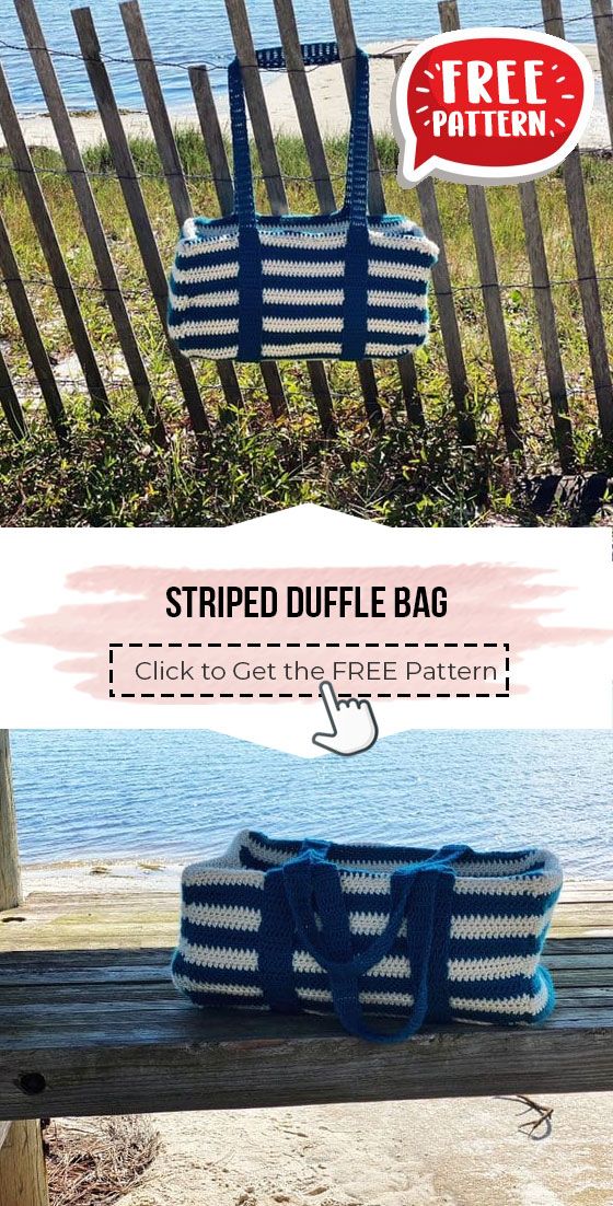 the striped duffle bag is sitting on a wooden bench by the beach and water