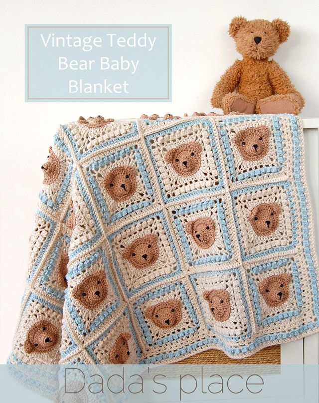 a crocheted teddy bear baby blanket on a chair next to a stuffed animal