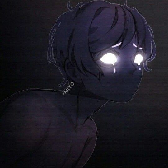 an anime character with glowing eyes staring at something