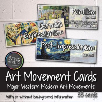 four post - impressionism cards with the words art movement and three different paintings on them