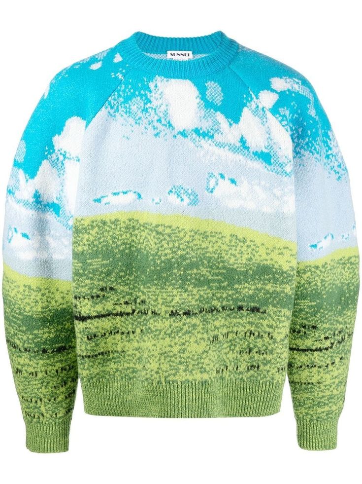 Bliss felted virgin-wool jumper from SUNNEI featuring bright green, blue, virgin wool, knitted construction, all-over graphic print, crew neck, ribbed cuffs and hem and long sleeves. Yoko London, City Dress, Summer Beach Wear, Knitted Jumper, Dream Clothes, Bright Green, All Fashion, Size Clothing, Denim Dress