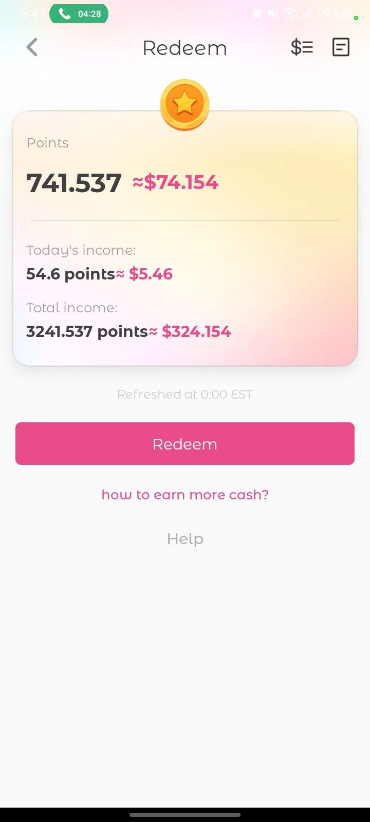 the redeem app is open and it's showing that you can pay for $ 1