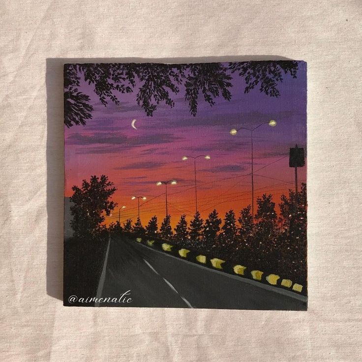 an acrylic painting of a road at night with trees and street lights in the background